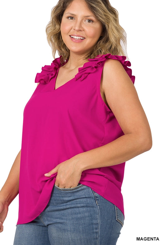 SI-22642 Plus Size Woven Wool Dobby Ruffle Trim Sleeveless Top