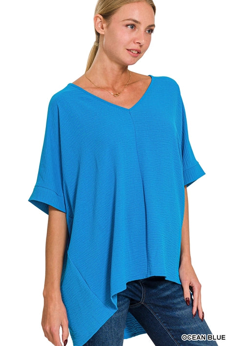 SI-24277 Woven Airflow V-Neck Dolman Short Sleeve Top