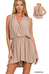 SI-25919 Elastic Waist Draped Romper with Tie Open Back