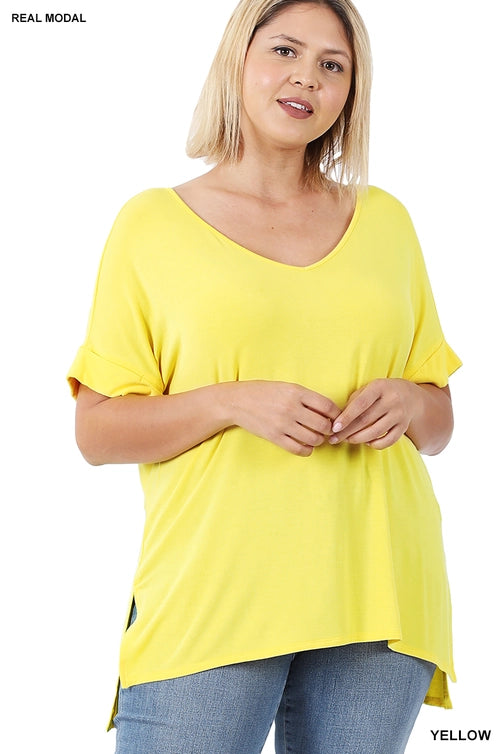 SI-21983 Plus Size Real Modal Short Sleeve V-Neck Top