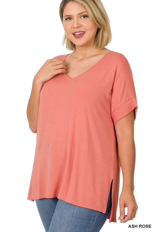 SI-21983 Plus Size Real Modal Short Sleeve V-Neck Top