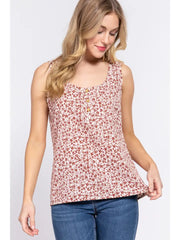 SI-24551 Fitted Button Placket Print Woven Tank Top