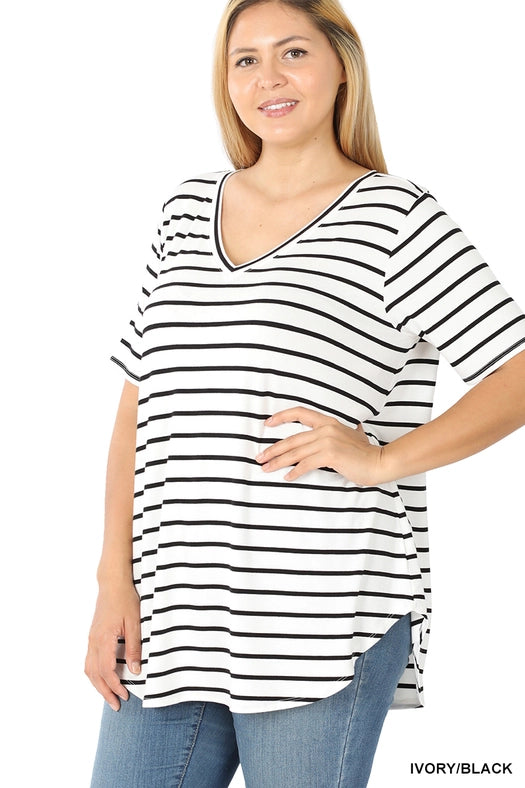 SI-22149 Plus Size Stripe V-Neck Short Sleeve Top