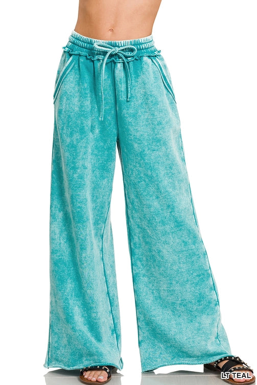 SI-26056 Acid Wash Fleece Palazzo Sweatpants with Pockets