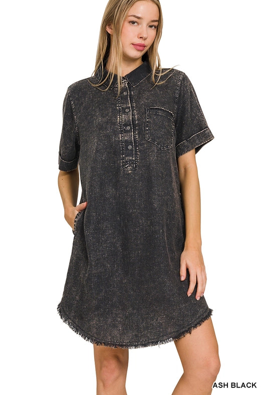 SI-25619 Washed Linen Raw Edge Button Down V-Neck Dress