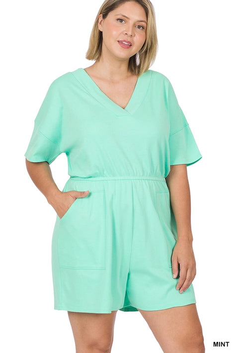 SI-22085 Plus Drop Shoulder V Neck Romper with Pockets