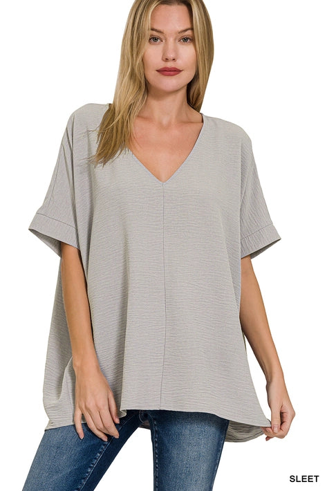 SI-24277 Woven Airflow V-Neck Dolman Short Sleeve Top