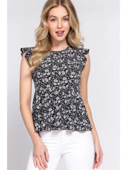 SI-24736 Slim Fit Ruffle Sleeveless Peplum Print Knit Top