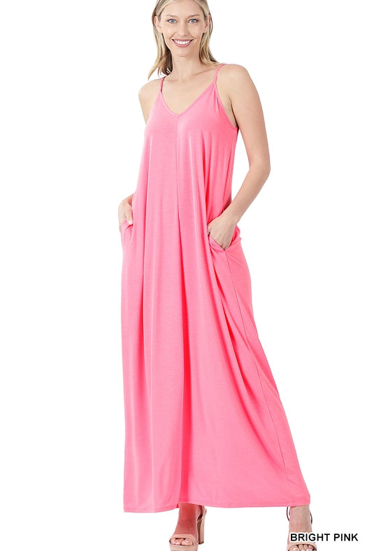 SI-25491 V-Neck Cami Maxi Dress with Side Pockets