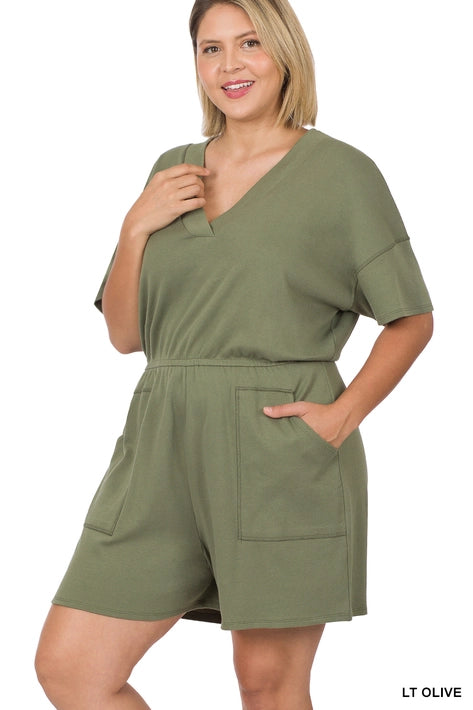 SI-22085 Plus Drop Shoulder V Neck Romper with Pockets