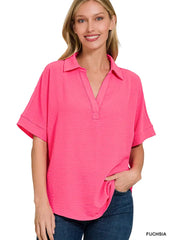 SI-25661 Woven Airflow Collared V-Neck Short Sleeve Top