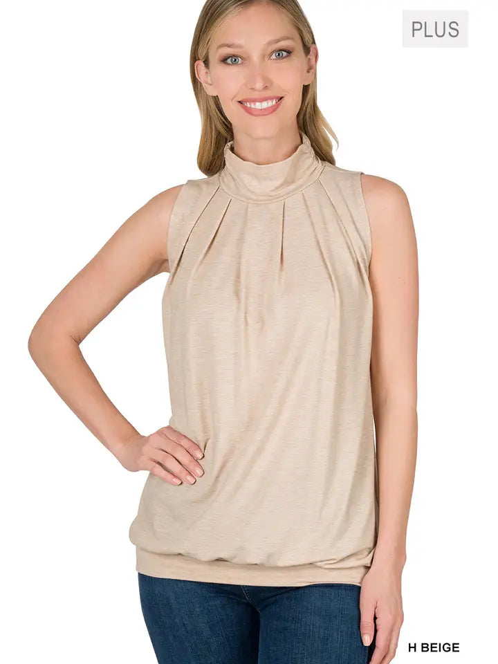 SI-15592 Plus Size High Neck Pleated Top with Waistband