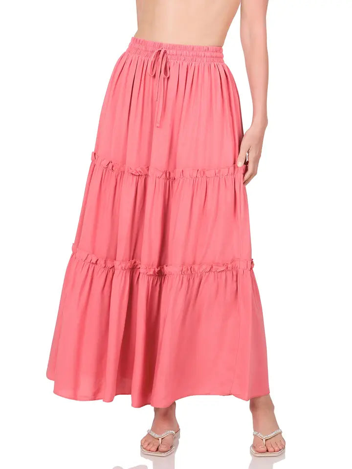 SI-23043 Woven Drawstring Waist Tiered Ruffle Maxi Skirt