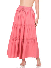 SI-23043 Woven Drawstring Waist Tiered Ruffle Maxi Skirt