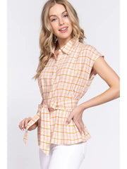 SI-24553 Slim Fit Button Down Belted Print Woven Top