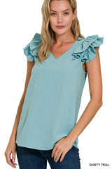 SI-25823 Woven Airflow Tiered Ruffle Sleeve Top