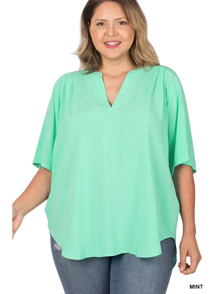 SI-22863 Plus Size Woven Split Neck Short Sleeve Top