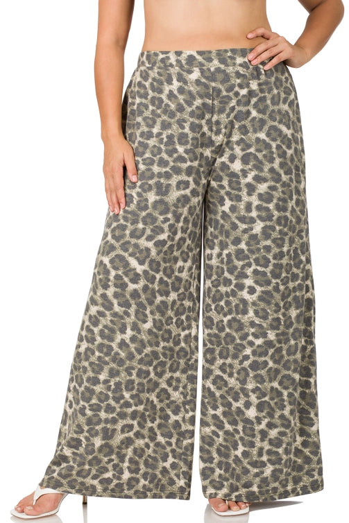 SI-21718 Plus Size Soft French Terry Leopard Wide Leg Pants