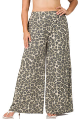 SI-21718 Plus Size Soft French Terry Leopard Wide Leg Pants