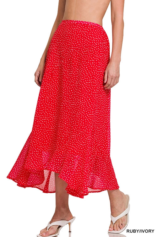 SI-23982 Polka Dot Print Hanky Hem Elastic Waist Maxi Skir