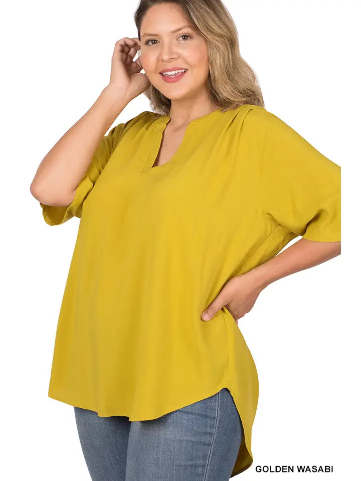 SI-22863 Plus Size Woven Split Neck Short Sleeve Top