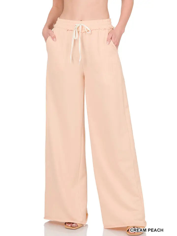 SI-22703 French Terry Drawstring Waist Raw Edge Hem Pants