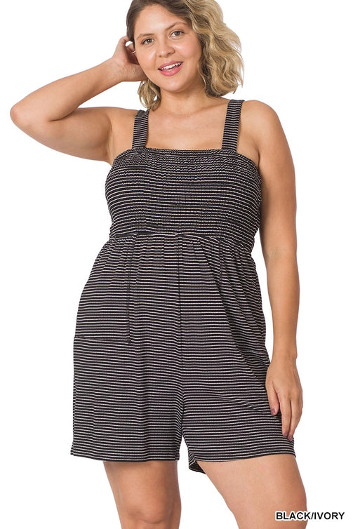 SI-22645 Plus Smocked Top Striped Romper with Pockets