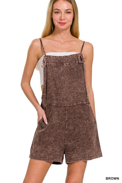 SI-25898 Washed Linen Knot Strap Rompers