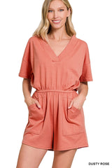 SI-22085 Plus Drop Shoulder V Neck Romper with Pockets