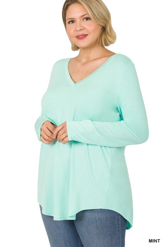 SI-15547 Plus Size Luxe Rayon Long Sleeve V-Neck Hi-Low Hem Top