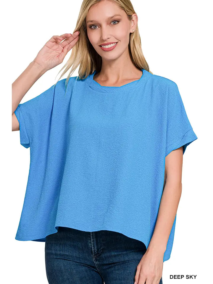 SI-25649 Woven Bubble Airflow Round Neck Short Sleeve Top