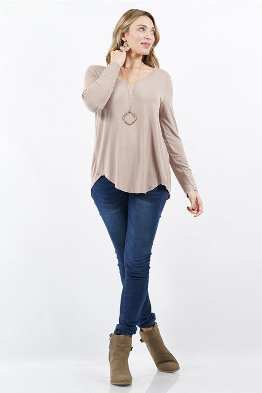 SI-15547 Plus Size Luxe Rayon Long Sleeve V-Neck Hi-Low Hem Top