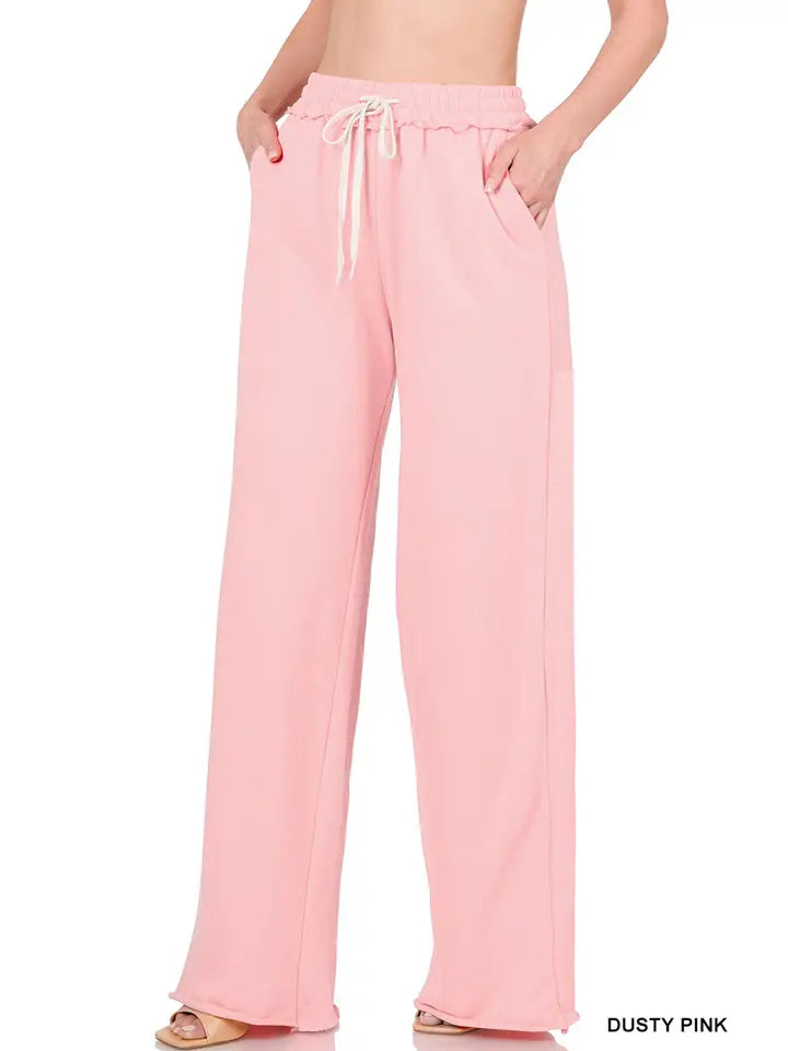 SI-22703 French Terry Drawstring Waist Raw Edge Hem Pants