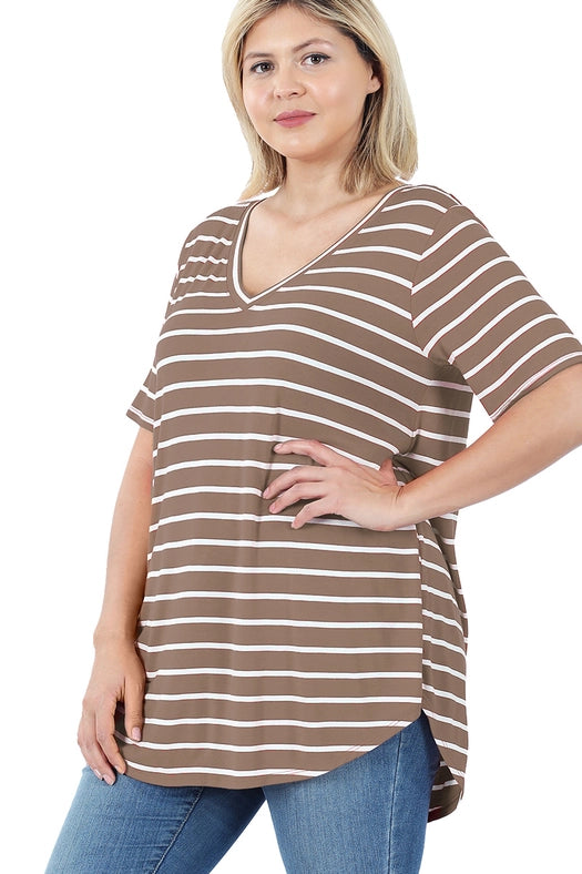 SI-22149 Plus Size Stripe V-Neck Short Sleeve Top