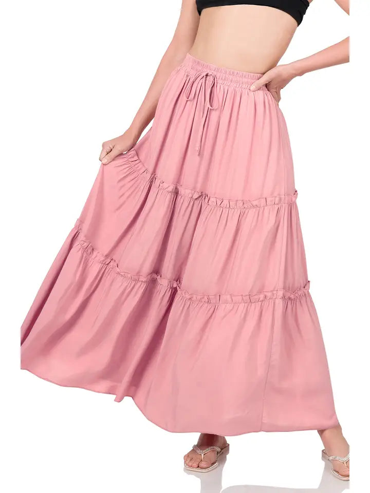 SI-23043 Woven Drawstring Waist Tiered Ruffle Maxi Skirt