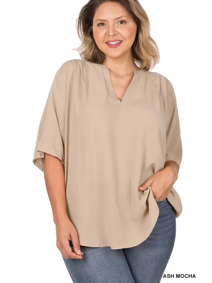 SI-22863 Plus Size Woven Split Neck Short Sleeve Top