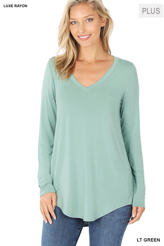 SI-15547 Plus Size Luxe Rayon Long Sleeve V-Neck Hi-Low Hem Top