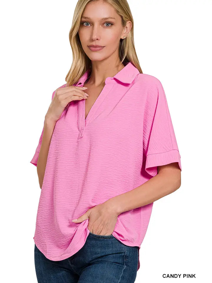 SI-25661 Woven Airflow Collared V-Neck Short Sleeve Top