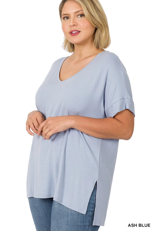 SI-21983 Plus Size Real Modal Short Sleeve V-Neck Top