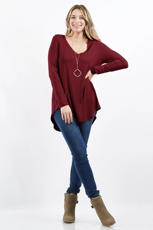 SI-15547 Plus Size Luxe Rayon Long Sleeve V-Neck Hi-Low Hem Top