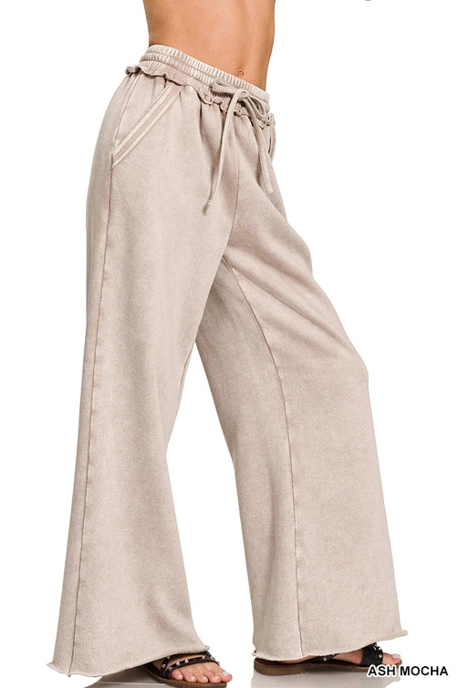 SI-26056 Acid Wash Fleece Palazzo Sweatpants with Pockets