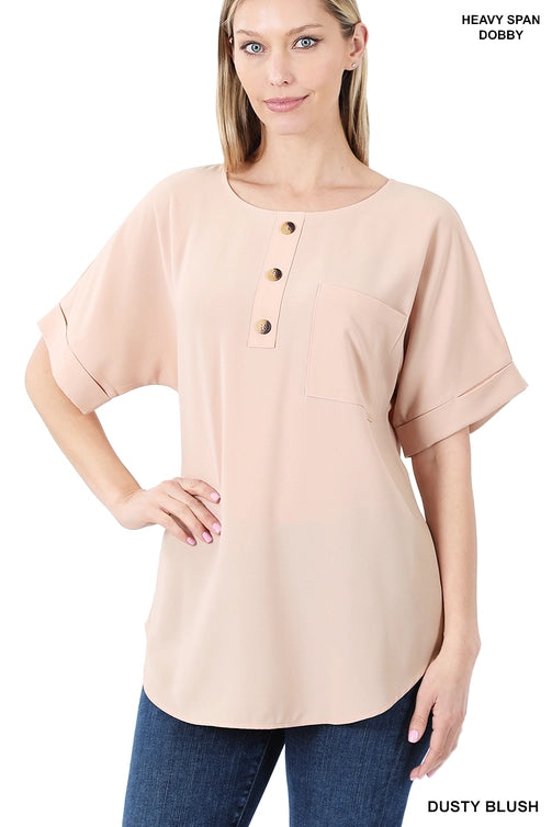 SI-19092 Woven Heavy Dobby Button Front Pocket Top