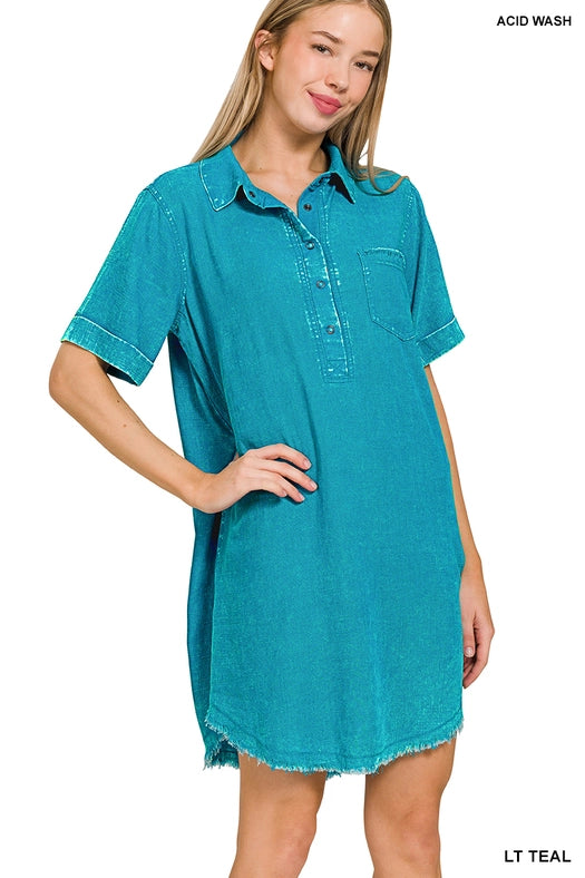 SI-25619 Washed Linen Raw Edge Button Down V-Neck Dress