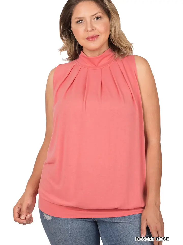 SI-15592 Plus Size High Neck Pleated Top with Waistband