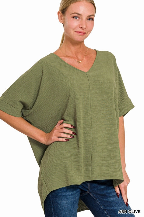 SI-24277 Woven Airflow V-Neck Dolman Short Sleeve Top