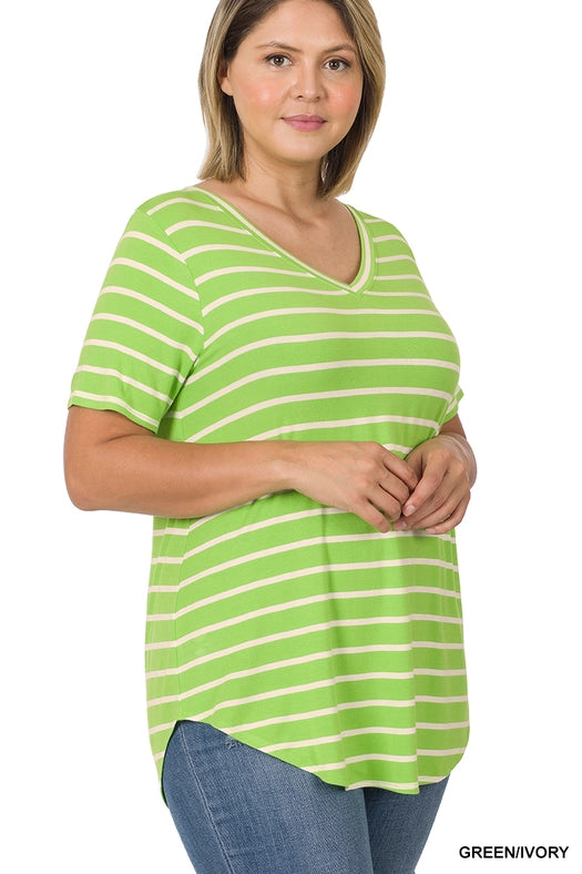 SI-22149 Plus Size Stripe V-Neck Short Sleeve Top