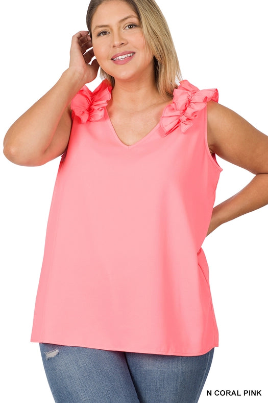 SI-22642 Plus Size Woven Wool Dobby Ruffle Trim Sleeveless Top