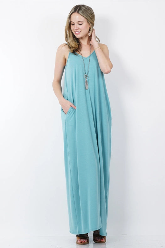 SI-25491 V-Neck Cami Maxi Dress with Side Pockets