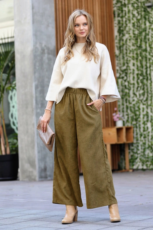 SI-23321 Corduroy Wide Leg Pants with Pockets