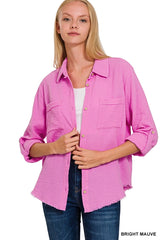 SI-24849 Double Gauze Button Down Roll Up Long Sleeve Shirt